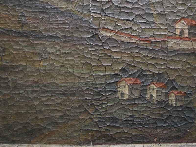 Scharfkantig aufstehende Farbschollen, im linken Bildbereich gefestigt und niedergelegt